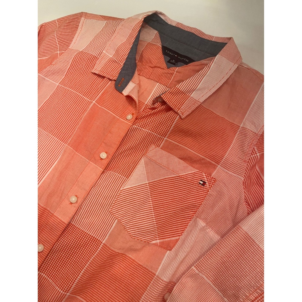 Tommy Hilfiger Woman's Plaid Button Up Shirt Orange Size XL Long‎ Sleeve Adj 3/4